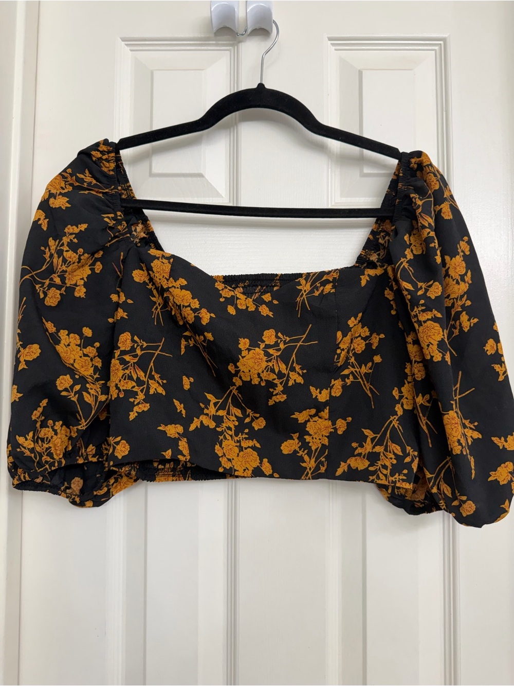 Fall Colors Cropped Puff Sleeve Top with Mustard Floral Print